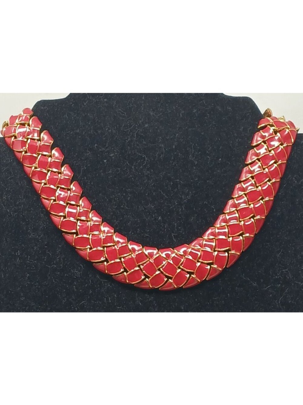 Vintage Articulated Goldtone & Red Enamel Necklace 17" Statement Bold #J-8BP
